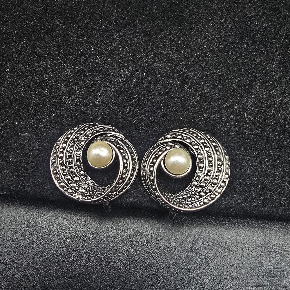 Faux Pearl Faux Marcasite Clip On Earrings Vintage Costume Jewelry